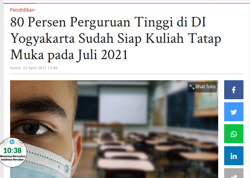 80 Persen Perguruan Tinggi di DI Yogyakarta Sudah Siap Kuliah Tatap Muka pada Juli 2021