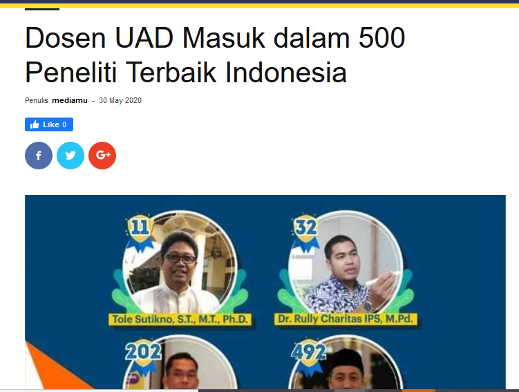 Dosen UAD Masuk dalam 500 Peneliti Terbaik Indonesia