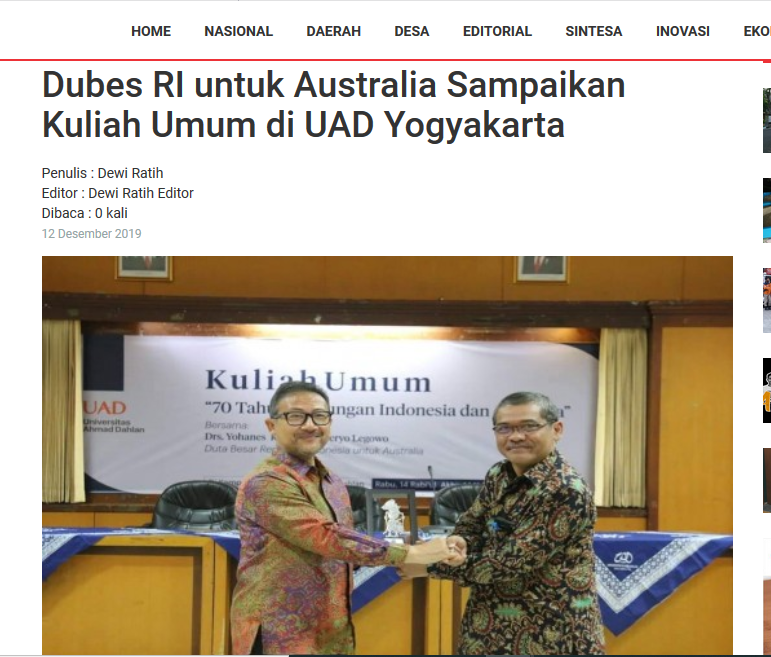 Dubes RI untuk Australia Sampaikan Kuliah Umum di UAD Yogyakarta