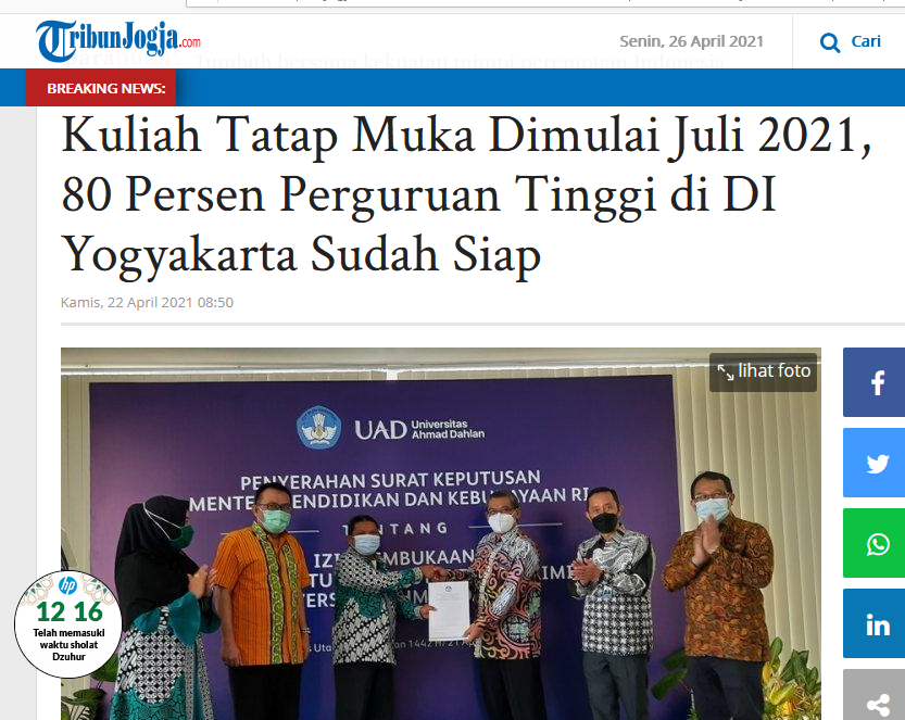 Kuliah Tatap Muka Dimulai Juli 2021, 80 Persen Perguruan Tinggi di DI Yogyakarta Sudah Siap