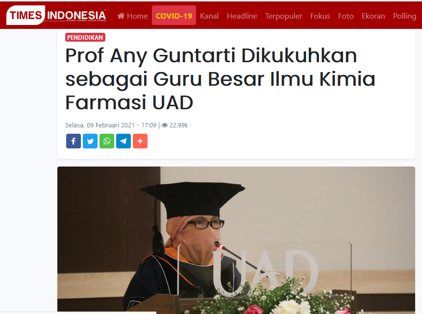 Prof Any Guntarti Dikukuhkan sebagai Guru Besar Ilmu Kimia Farmasi UAD