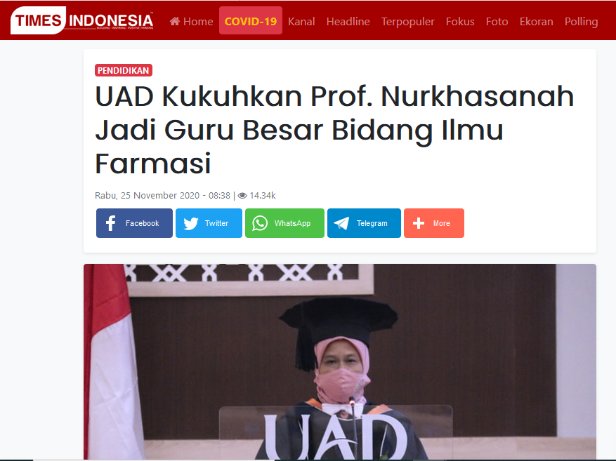 UAD Kukuhkan Prof. Nurkhasanah Jadi Guru Besar Bidang Ilmu Farmasi