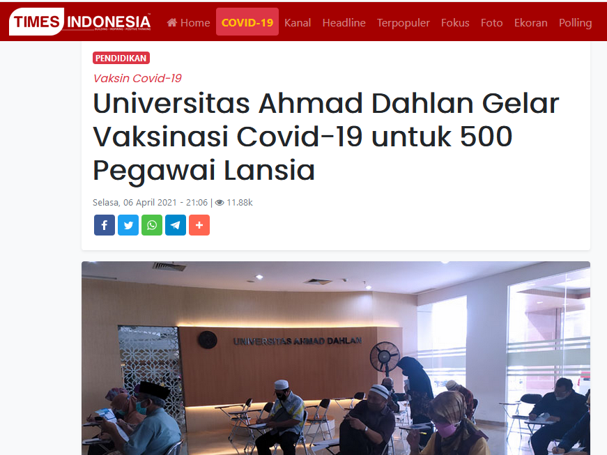 Universitas Ahmad Dahlan Gelar Vaksinasi Covid-19 untuk 500 Pegawai Lansia