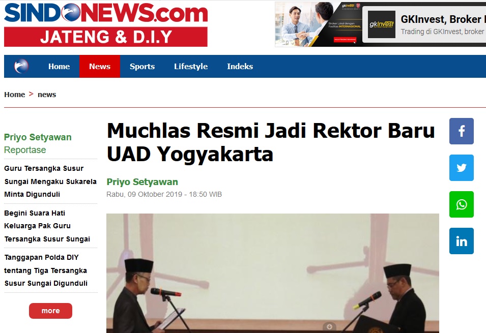 Muchlas Resmi Jadi Rektor Baru UAD Yogyakarta