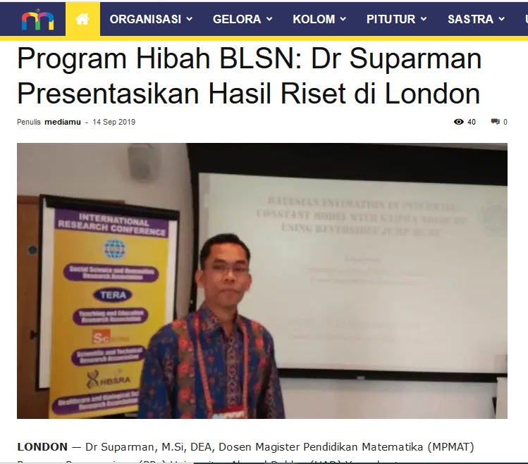 Program Hibah BLSN: Dr Suparman Presentasikan Hasil Riset di London
